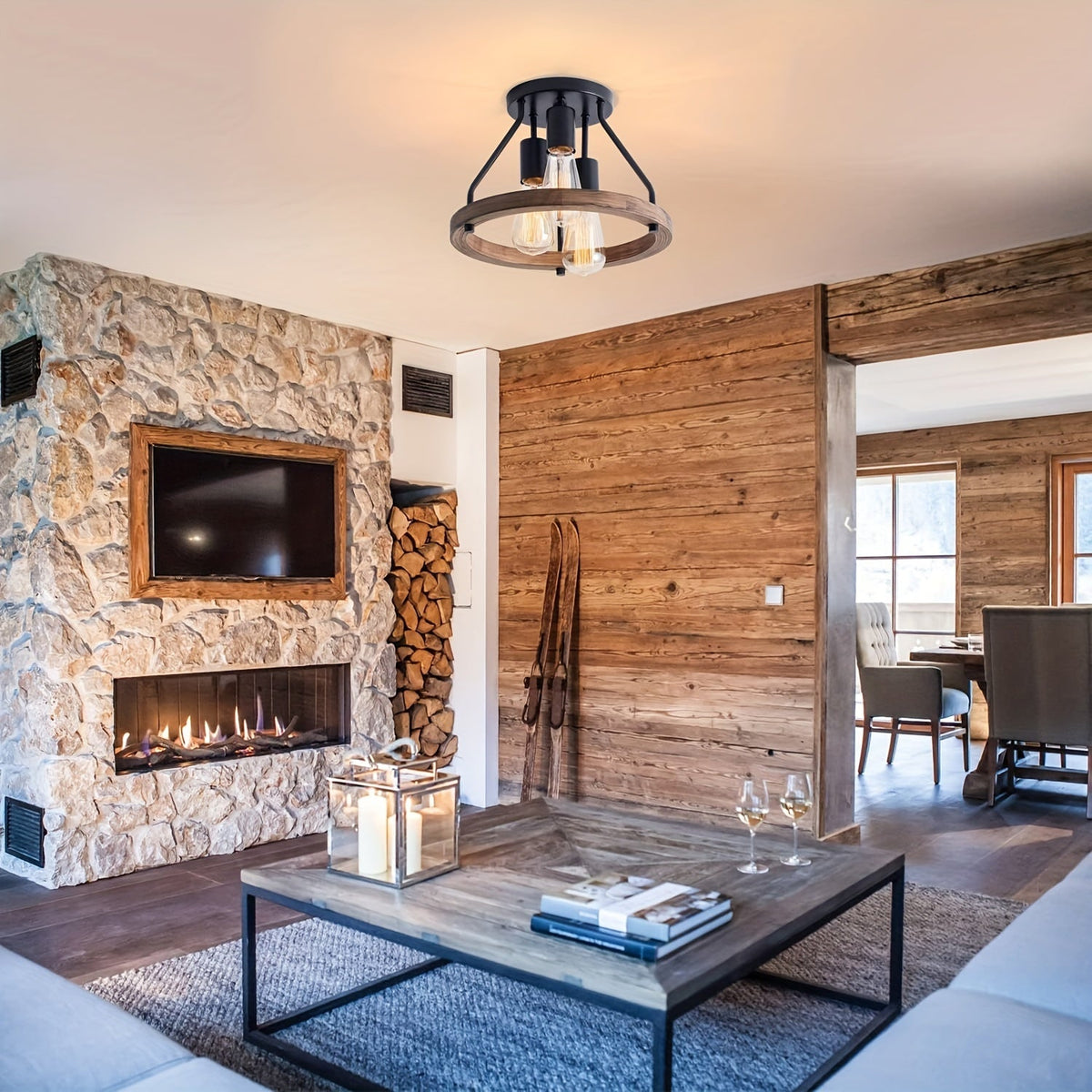 Industrial Wood Ring Ceiling Light