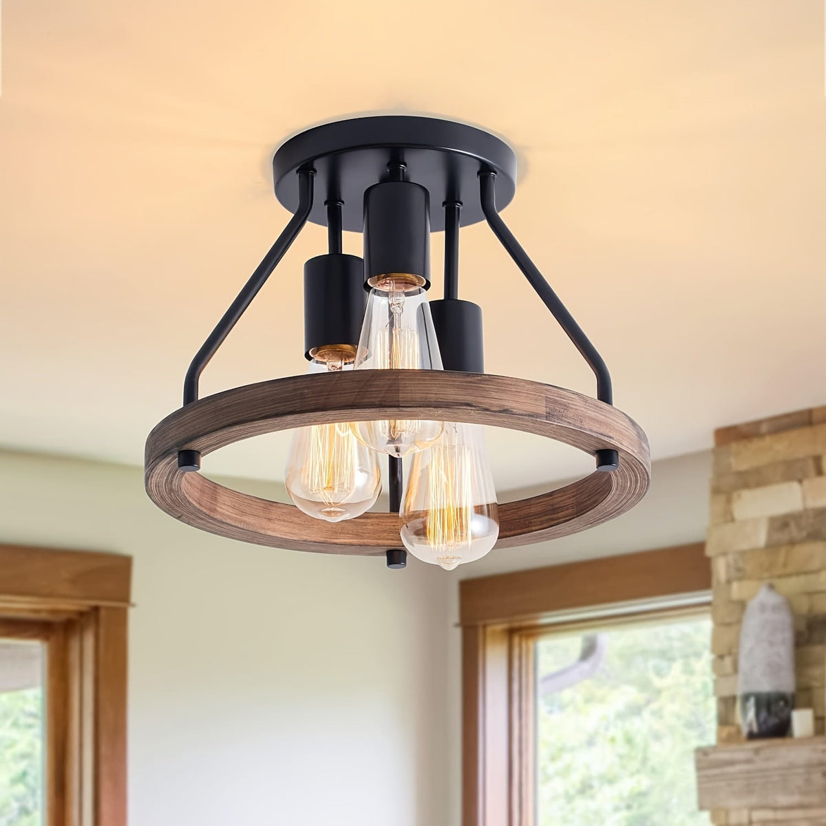 Industrial Wood Ring Ceiling Light