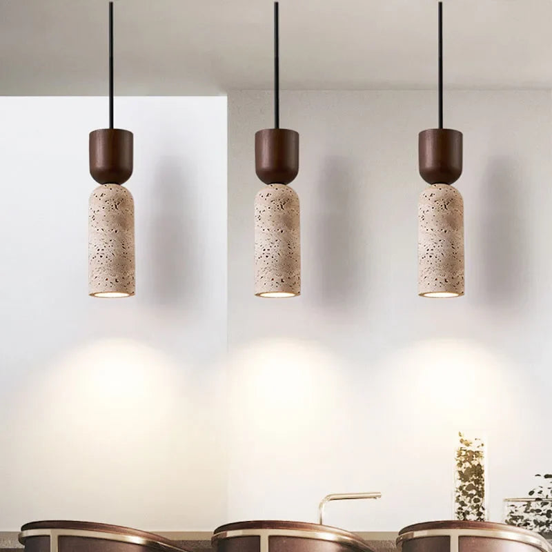 Wabi-Sabi Travertine & Wood Pendant Light