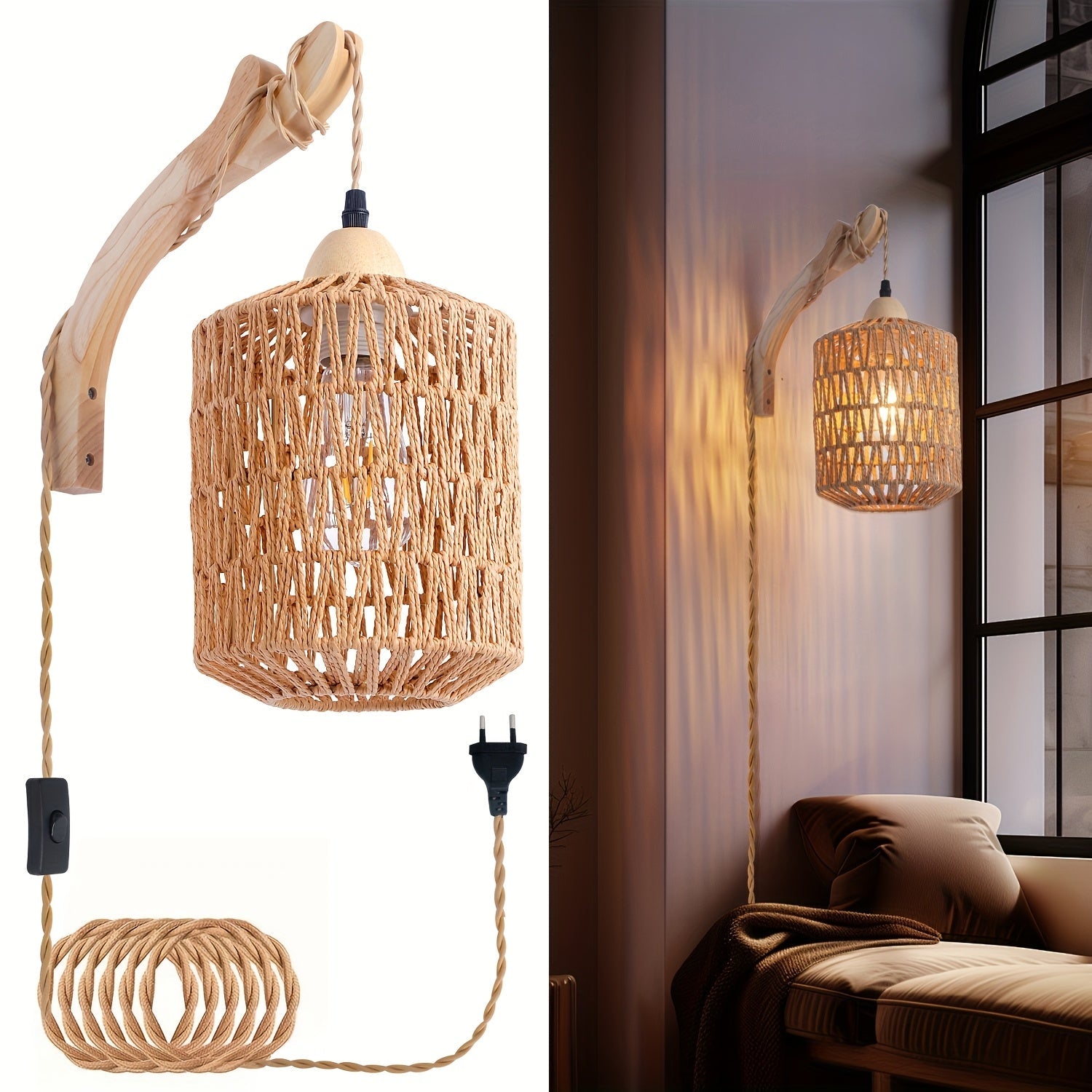 Boho Wood & Rattan Wall Lamp